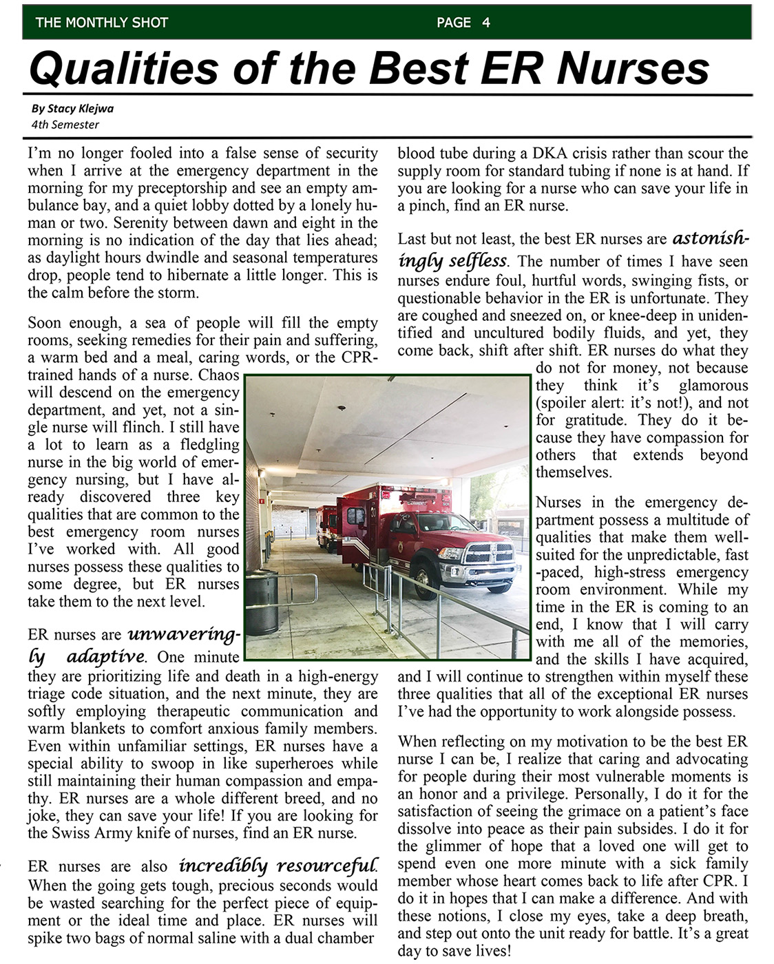 My Article in the Nursing School Newspaper Qualities of the Best ER